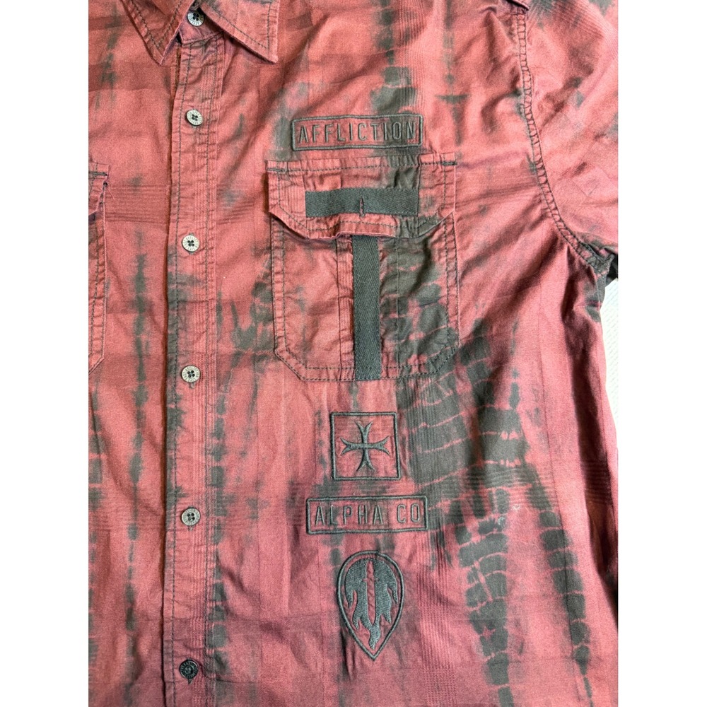 Affliction Mens 2XL Red Black Tie Dye Plaid Button Short Sleeve Shirt Alpha Co - Picture 3 of 7